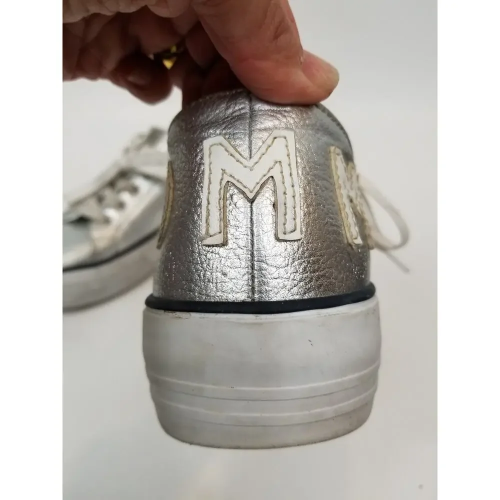 Tommy Hilfiger Helien Metallic Silver White Leather Lace Up Sneakers Women's 9.5